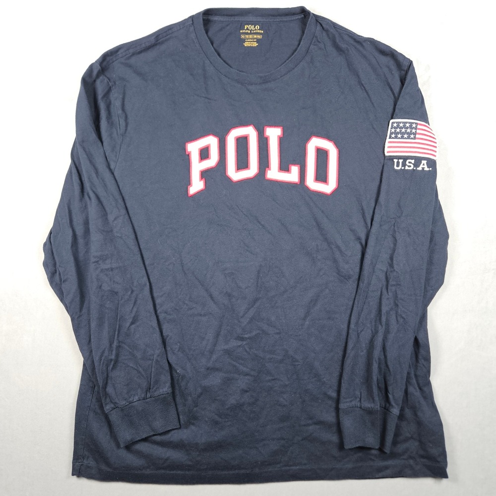 Polo Ralph Lauren T-Shirt Mens XL Navy Blue USA Flag Patch Embroidery Classic